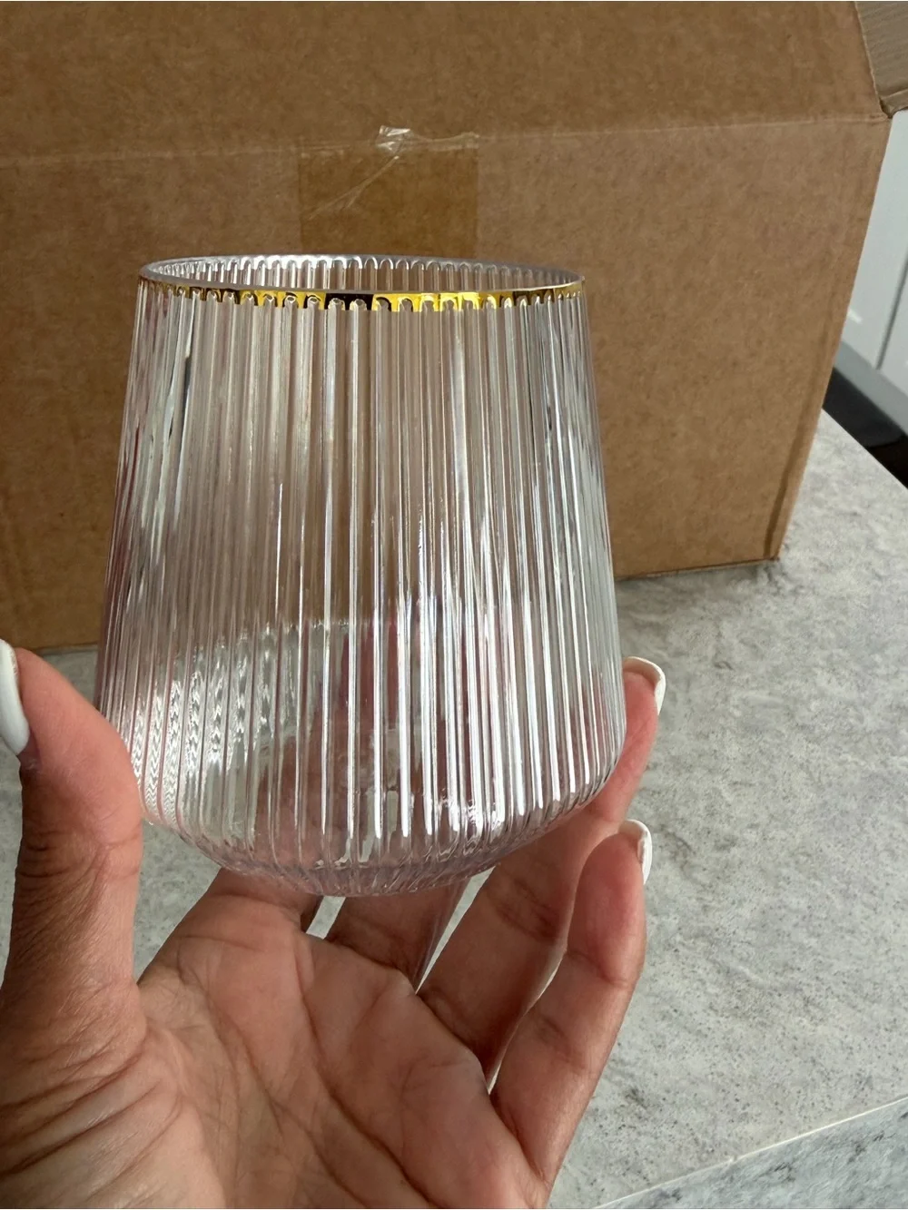 Clear Ribbed Glass Tumbler with Gold Rim